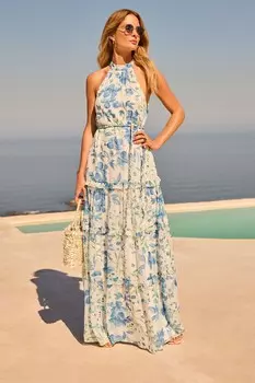 Платье макси с вырезом бретелькой и рюшами Friends Like These, синий