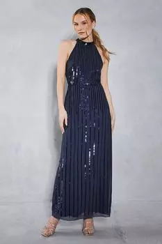 Платье макси с вырезом через шею и пайетками и пайетками Oasis, темно-синий