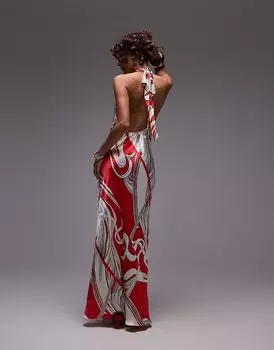 Платье макси с вырезом халтер Topshop с красным принтом в стиле бутика