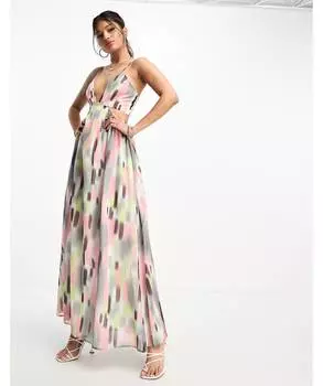 Платье макси с вырезом и завязками ASOS DESIGN с размытым мультипринтом ASOS DESIGN