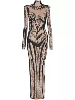 Платье макси с вышитым логотипом Balmain, нейтральный цвет