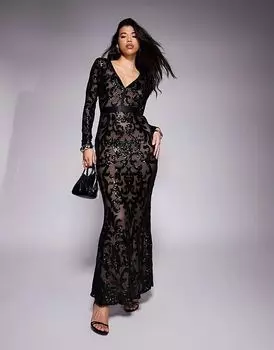 Платье макси с вышивкой из пайеток и сетки черного цвета Goddiva