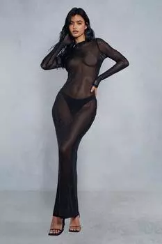 Платье макси с высоким воротником и длинными рукавами из сетки премиум-класса Hot Fix MISSPAP, черный