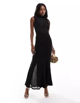 Платье макси с высоким воротом, сетчатой отделкой, бюстгальтером и юбкой с супер сборками черного цвета ASOS DESIGN