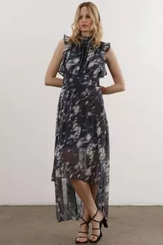 Платье макси с высоким вырезом и рюшами на рукавах Religion, черный