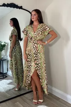 Платье макси с запахом и анималистичным принтом Blair с узлом Girl In Mind, зеленый