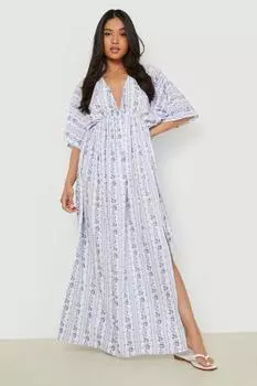 Платье макси с запахом и цветочным принтом Petite в полоску boohoo, синий