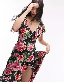 Платье макси с запахом и оборками Topshop