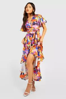 Платье макси с запахом и рукавами цветочный ангел Boohoo, оранжевый