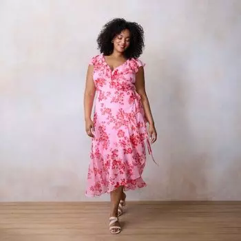 Платье макси с запахом и рукавами-крылышками больших размеров Lc Lauren Conrad, цвет pink libby blooms