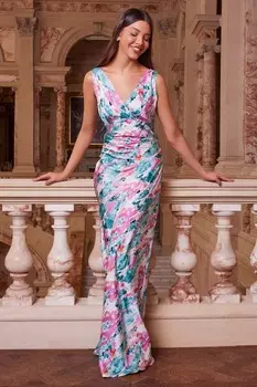 Платье-макси с запахом из сатина с принтом синего мрамора QUIZ Clothing