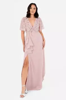Платье макси с запахом, рукавами ангелочками и декором Maya, розовый