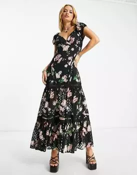 Платье макси с защипами и кружевными вставками с цветочной вышивкой ASOS DESIGN