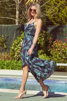 Платье макси с завязкой на талии и принтом пальм Sosandar, синий