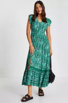 Платье макси с зеленым леопардовым принтом и отделкой крючком QUIZ Clothing