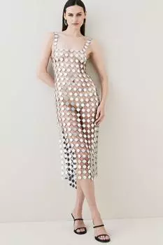 Платье макси с зеркальным разрезом по бокам Karen Millen, серебро