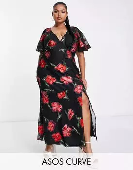Платье макси с жаккардовым принтом роз и расклешенными рукавами ASOS DESIGN Curve