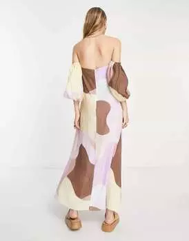 Платье макси с жатой трапецией и рукавами ASOS с абстрактным принтом