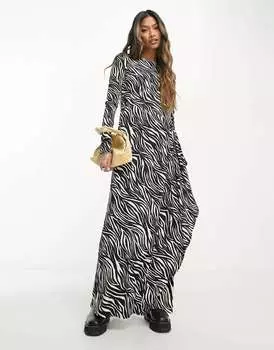 Платье макси с жатым длинным рукавом и монохромным зебровым принтом ASOS