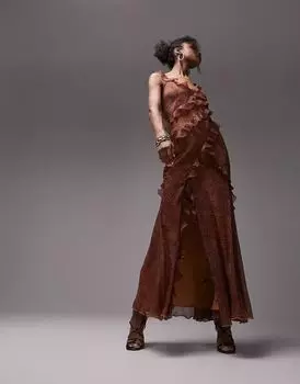 Платье макси с животным принтом Topshop для особых случаев, рукавами с рюшами и необработанными краями