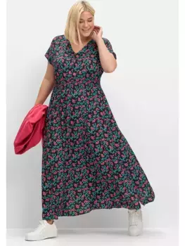 Платье макси Sheego "Большие размеры" с принтом по всей поверхности и присборенной талией, черный