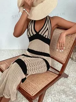 Платье-макси Shein BohoFeel с цветными блоками, абрикосовый