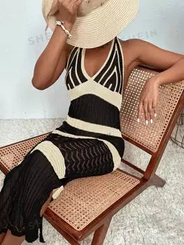 Платье-макси Shein BohoFeel с V-образным вырезом и бретелькой, черный / белый