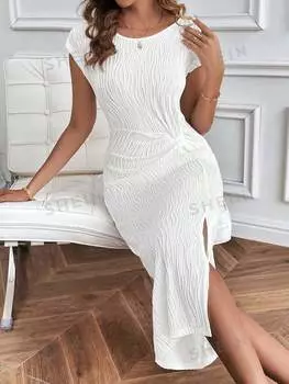 Платье-макси Shein Clasi с короткими рукавами и боковым разрезом, белый