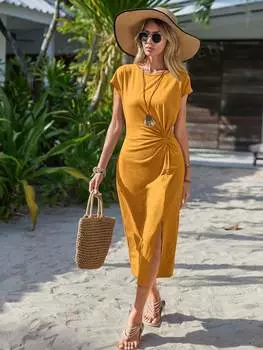 Платье-макси Shein Clasi с короткими рукавами и боковым разрезом, имбирный