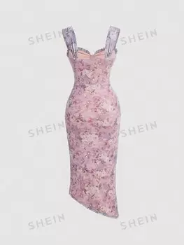 Платье-макси Shein Mod плиссированное с разрезом спереди, розовый