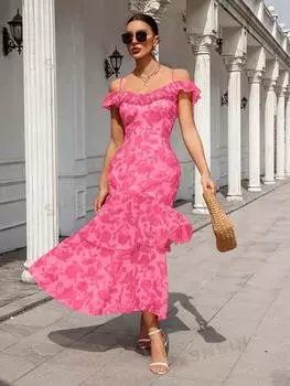 Платье-макси Shein Vcay с цветочным принтом, красный