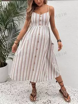 Платье-макси Shein в полоску с пуговицами, белый / коричневый