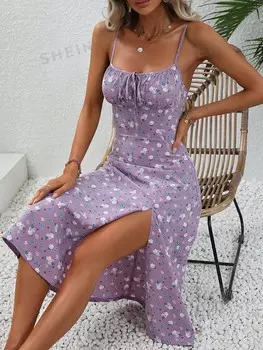 Платье-макси Shein WYWH с высоким разрезом и бретелями, сиреневый