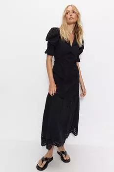 Платье макси смешанного цвета с вышивкой бродери на пуговицах и пышными рукавами спереди Warehouse, черный