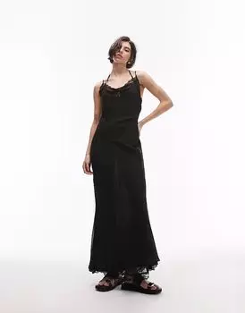 Платье макси SNDYS с воротником-хомутиком и кружевной отделкой, черное