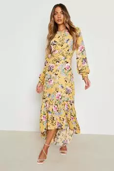Платье макси со сборами и цветочным полем Boohoo, желтый
