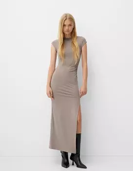 Платье макси со сборками и боковым разрезом Bershka, серый