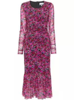 Платье макси со сборками и цветочным принтом GANNI, фиолетовый