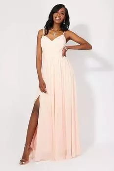 Платье макси со сборками на бретелях и разрезом спереди KRISP, розовый