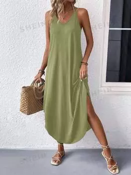 Платье-макси сплошное, зеленый