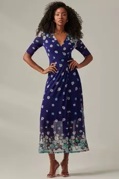 Платье макси Stella с цветочным принтом и запахом из сетки Jolie Moi, синий