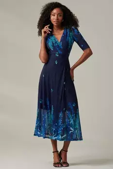 Платье макси Stella с цветочным принтом и запахом из сетки Jolie Moi, синий