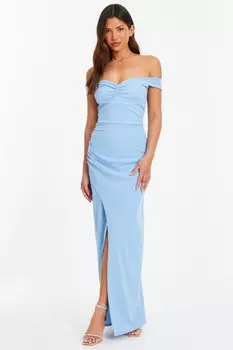 Платье макси светло-голубого цвета с рюшами и вырезом бардо QUIZ Clothing