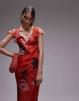 Платье макси Topshop – для особого случая с принтом розовых роз и развевающимися рукавами