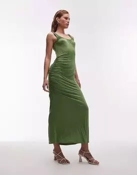 Платье макси Topshop облегающего кроя с круглым вырезом зеленого цвета