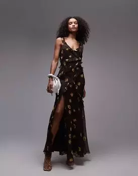 Платье-макси Topshop с цветочным принтом и рюшами в цвет пахты и молока