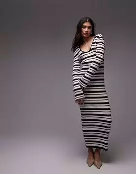 Платье макси Topshop с круглым вырезом и отделкой в рубчик в оливковую полоску