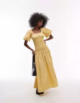 Платье макси Topshop с рукавами-фонариками, квадратным вырезом и сборками цвета пахты