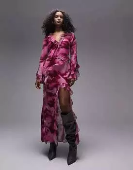 Платье макси Topshop с v-образным вырезом, оборками и разрезом розового цвета с размытым принтом