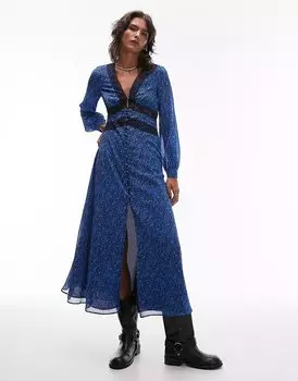 Платье макси Topshop V Neck Lace In Floral, синий